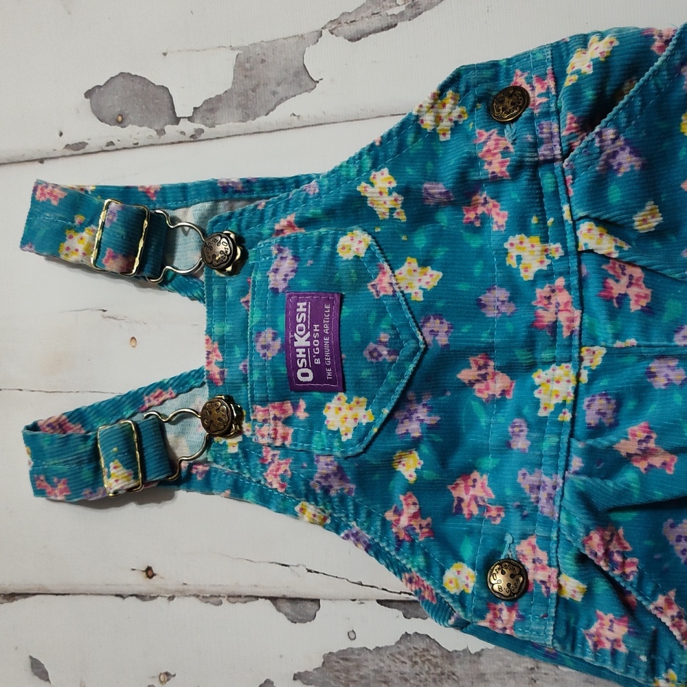 Vintage OshKosh B'gosh teal Blue Floral Overalls 12m - Picture 2 of 5